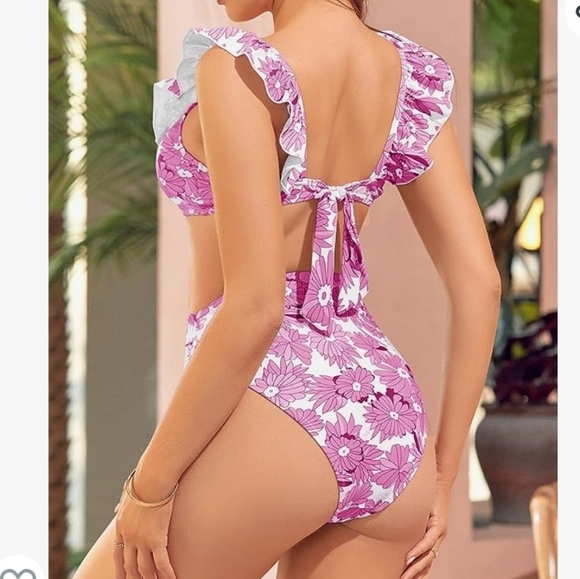 FERBIA Falbala High Waisted Ruffle Accented Bikini in Rose Red Size L - Picture 3 of 15